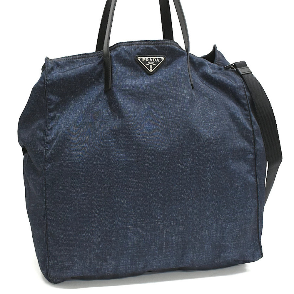 Prada Tote Tessuto Saffiano Bag TESSUTO STAMPATO Denim Navy Blue Triangle Plate